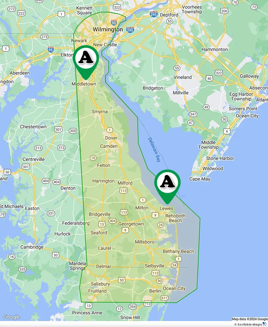 Map of the company's service area with two office locations shown in Lewes and Middletown Delaware